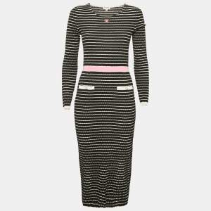 Chanel Black Patterned Knit Midi Dress S