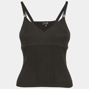 Chanel Black Rib Knit CC Crystal Detail Camisole S