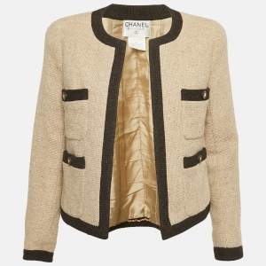 Chanel Beige Wool Contrast Detail Open Front Jacket M