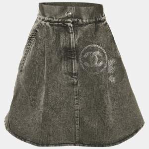 Chanel Grey Logo Applique Denim Skirt S