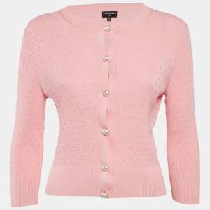 Chanel Pink Rib Knit La Pause Pearl Cardigan M
