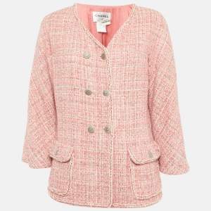 Chanel Pink Tweed Button Front Jacket L