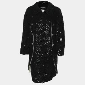 Chanel Black Sequin Tweed Camelia Coat M
