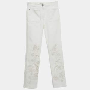 Pre Owned Chanel White Floral Embroidery Cotton Drill Pants S