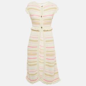 Chanel Cream/Pink Striped Knit Short Sleeve Cardigan S