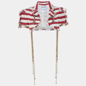 Chanel Red & Off White Tweed CC Logo Chain Detail Frayed Cropped Jacket M