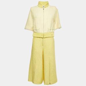 Pre Owned Chanel Yellow Tweed Wide Leg Trousers and Jacket Set S