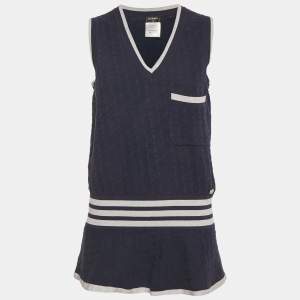 Chanel Navy Blue Patterned Cotton Knit Flared Long Vest M