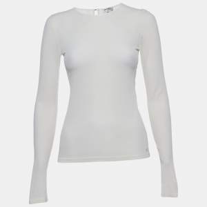 Chanel White Silk Logo Metal Detail Long Sleeve Top S
