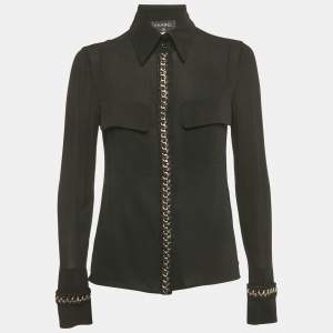 Pre Owned Chanel Black Stretch Silk Tweed and Chain Trimmed Button Front Blouse M