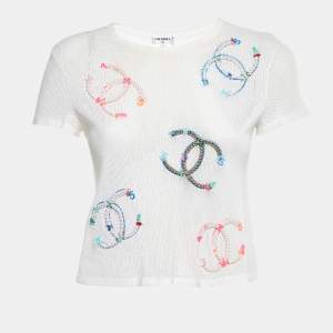 مملوكة مسبقًا Chanel White CC Embroidered Mesh Crew Neck Top S