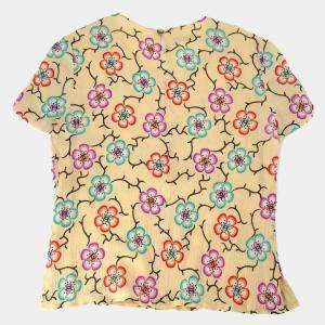 Pre Owned Chanel Flower Pattern Beige Silk Short Sleeve Shirt Size 38