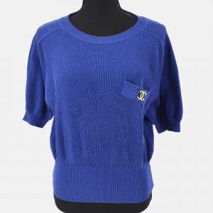 Pre Owned Chanel Round Neck Blue Short Sleeve Knit Top Size 40