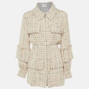 Pre Owned Chanel Pale Pink Tweed Zip Up Mini Dress M