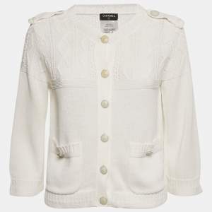 Pre Owned Chanel White Patterned Knit Button Front Cardigan S