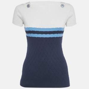 Pre Owned Chanel White/Blue Striped Rib Knit Top S