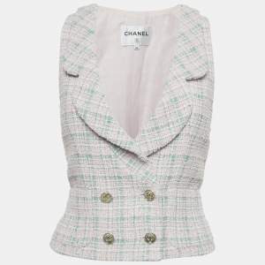 Pre Owned Chanel Pink/Green Tweed Double Breasted Sleeveless Jacket S