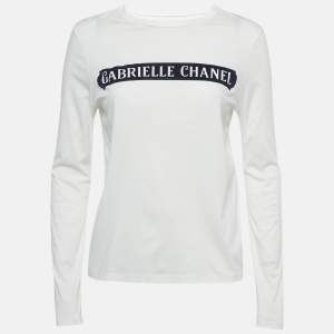 Pre Owned Chanel White Logo Applique Cotton Full Sleeve T-Shirt S