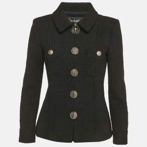 Pre Owned Chanel Black Tweed Zip-Up Jacket M