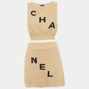 Pre Owned Chanel Brown Logo Jacquard Knit Top and Skirt Set M