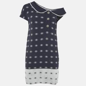 Pre Owned Chanel Navy Blue Floral Patterend Rib Knit Mini Dress S