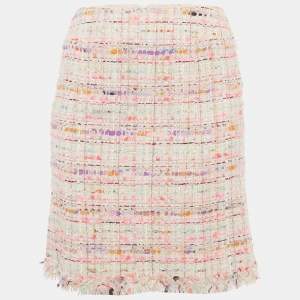 Pre Owned Chanel Pink/Multicolor Tweed Raw Edge Detail Mini Skirt M