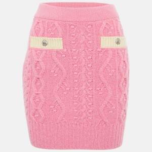 Pre Owned Chanel Pink Cashmere Cable Knit Pocket Front Mini Skirt S 