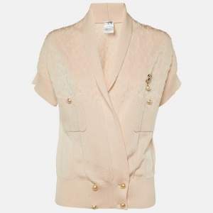 Pre Owned Chanel Pink Textured Knit Brooch Detail Cardigan L