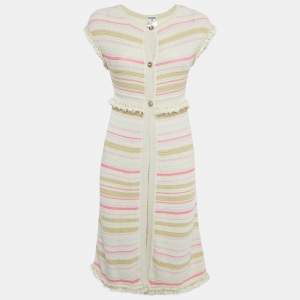 Pre Owned Chanel Cream/Pink Striped Knit Short Sleeve Cardigan S