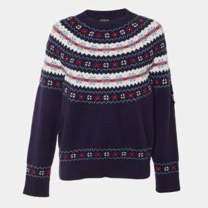 Pre Owned Chanel Navy Blue Coco Neige Wool Crew Neck Jumper M