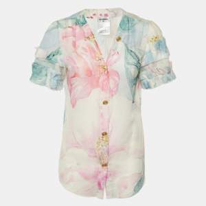 Pre Owned Chanel Multicolor Floral Print Cotton Button Front Sheer Top L