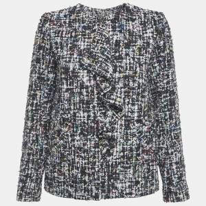 Pre Owned Chanel Blue Single Hook Tweed Ruffled Jacket S