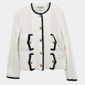 Pre Owned Chanel Single Breasted Collarless Jacket White Size L