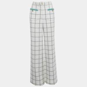Pre Owned Chanel White Tweed Wide Leg Trousers M