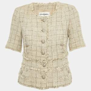 Pre Owned Chanel Beige Tweed Lamé Raw Edge Jacket M