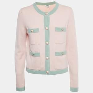 Pre Owned Chanel Pink /Mint Green Cashmere Pocket Front Cardigan M