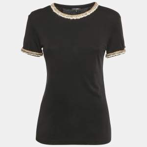 Pre Owned Chanel Black Braided Trim Jersey T-Shirt S