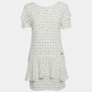 Pre Owned Chanel White Patterned Tweed Flared Mini Dress M