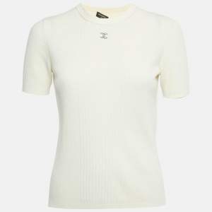 Pre Owned Chanel Cream Logo Embroidered Rib Knit Top S