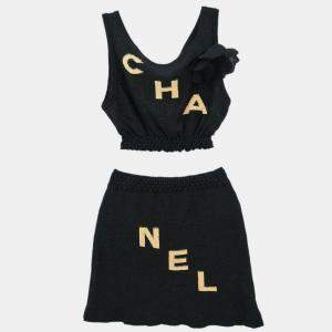 Pre Owned Chanel Setup Suit Cropped Top Pants Skirt Black #34