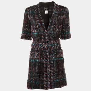 Pre Owned Chanel Black/Purple Tweed Belted Long Jacket M 
