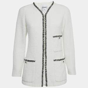 Pre Owned Chanel White Tweed Open Front Jacket S 