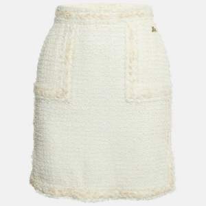Pre Owned Chanel White Tweed Pencil Skirt S