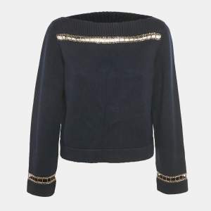 Pre Owned Chanel Navy Blue Cut-Out Chain Cashmere Sweater S