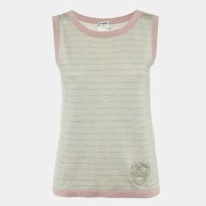 Pre Owned Chanel Grey Patterned Sleeveless Cashmere Blend Knit Top L