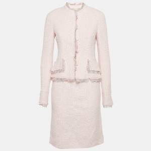 Pre Owned Chanel Pink Silk Trim Tweed Blazer and Skirt Set M
