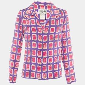 Pre Owned Chanel Purple and Pink Watercolor Print Silk Zip Up Blouse M