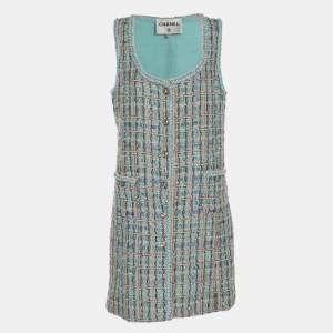 Pre Owned Chanel Turquoise Blue Tweed Mini Dress M