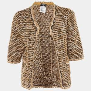 Pre Owned Chanel Navy Blue /Beige Tweed Chain Detail Open front Cardigan L