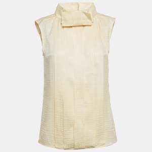 مملوكة مسبقًا Chanel Cream Houndstooth Silk Pleated Top M